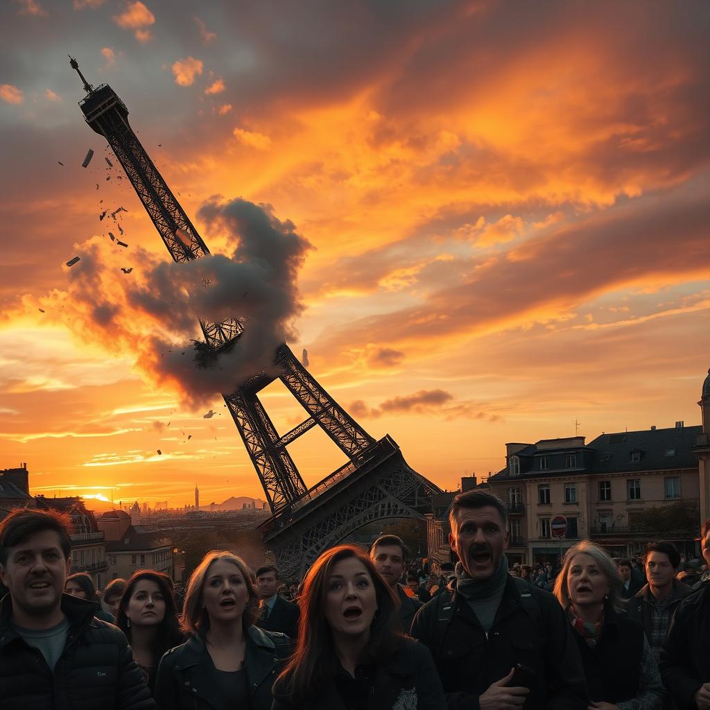 A dramatic scene depicting the Eiffel Tower tilted and falling to one side, with a vibrant sunset in the background casting warm colors across the sky