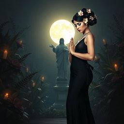 A full-length portrait of a beautiful, innocent 18-year-old BBW white woman with delicate flowers adorning her black hair styled in an elegant updo, wearing a somber expression on her face