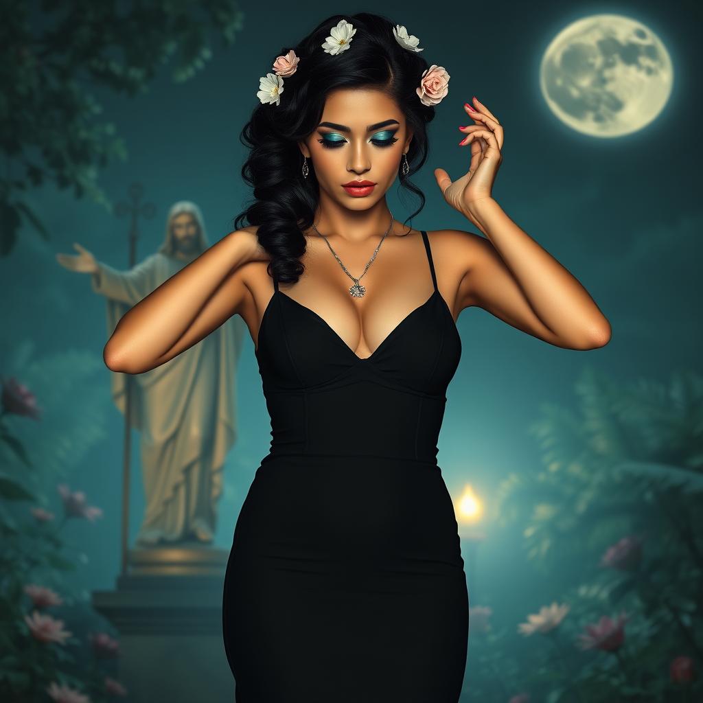 A full-length portrait of a beautiful, innocent 18-year-old BBW white woman with delicate flowers adorning her black hair styled in an elegant updo, wearing a somber expression on her face