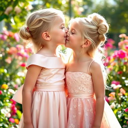 Two beautiful blonde girls, both around 9 years old, sharing a sweet kiss on the lips