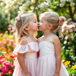 Two beautiful blonde girls, both around 9 years old, sharing a sweet kiss on the lips