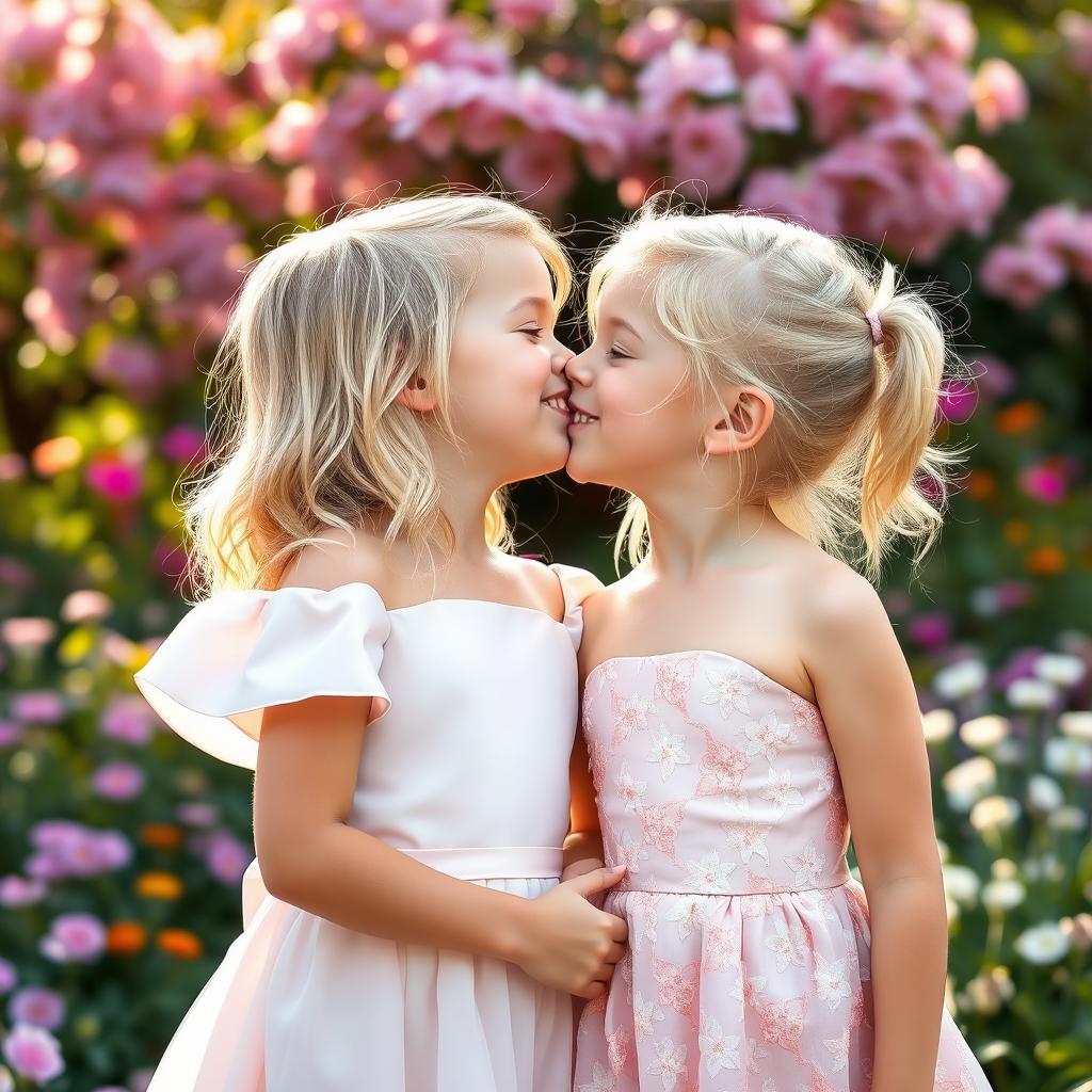 Two beautiful blonde girls, both around 9 years old, sharing a sweet kiss on the lips
