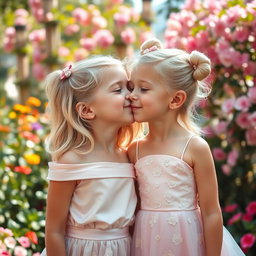 Two beautiful blonde girls, both around 9 years old, sharing a sweet kiss on the lips