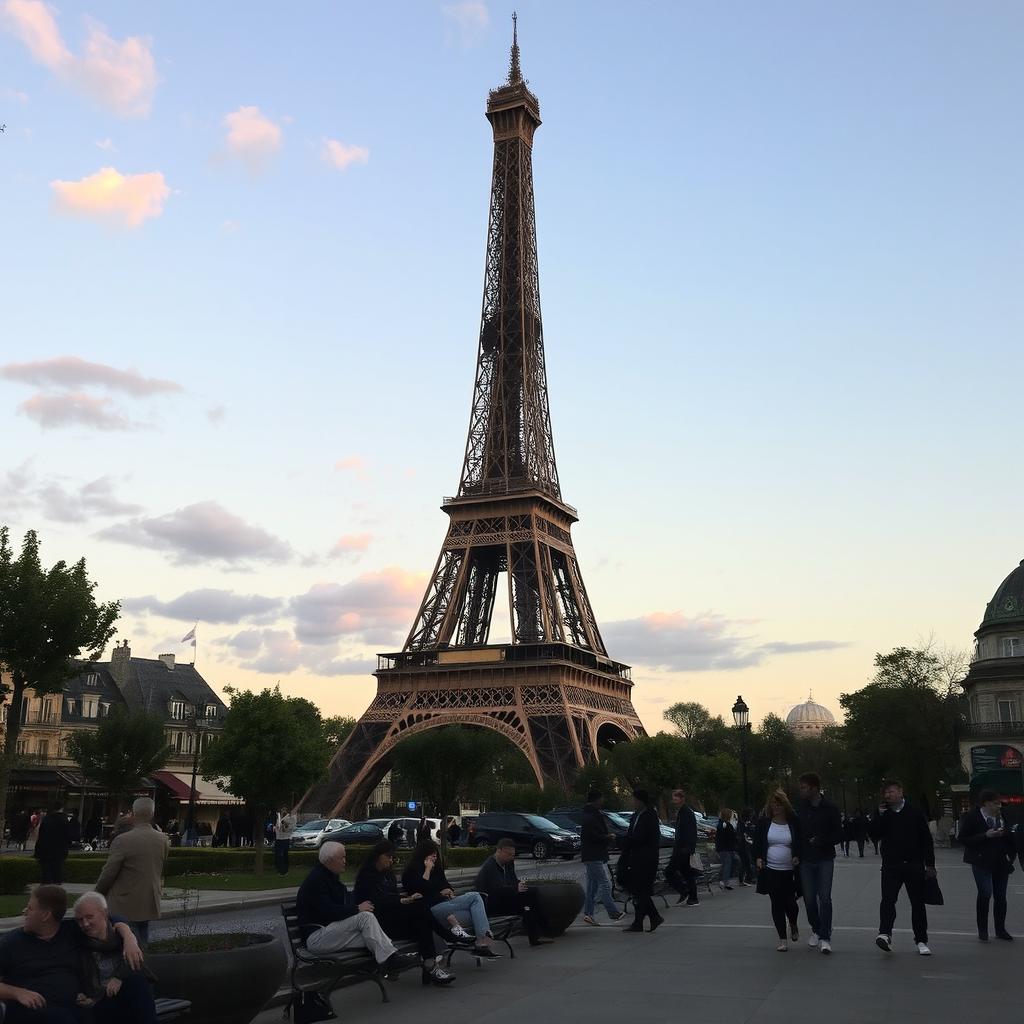 A serene scene of the Eiffel Tower leaning gently to one side, surrounded by a calm Parisian atmosphere