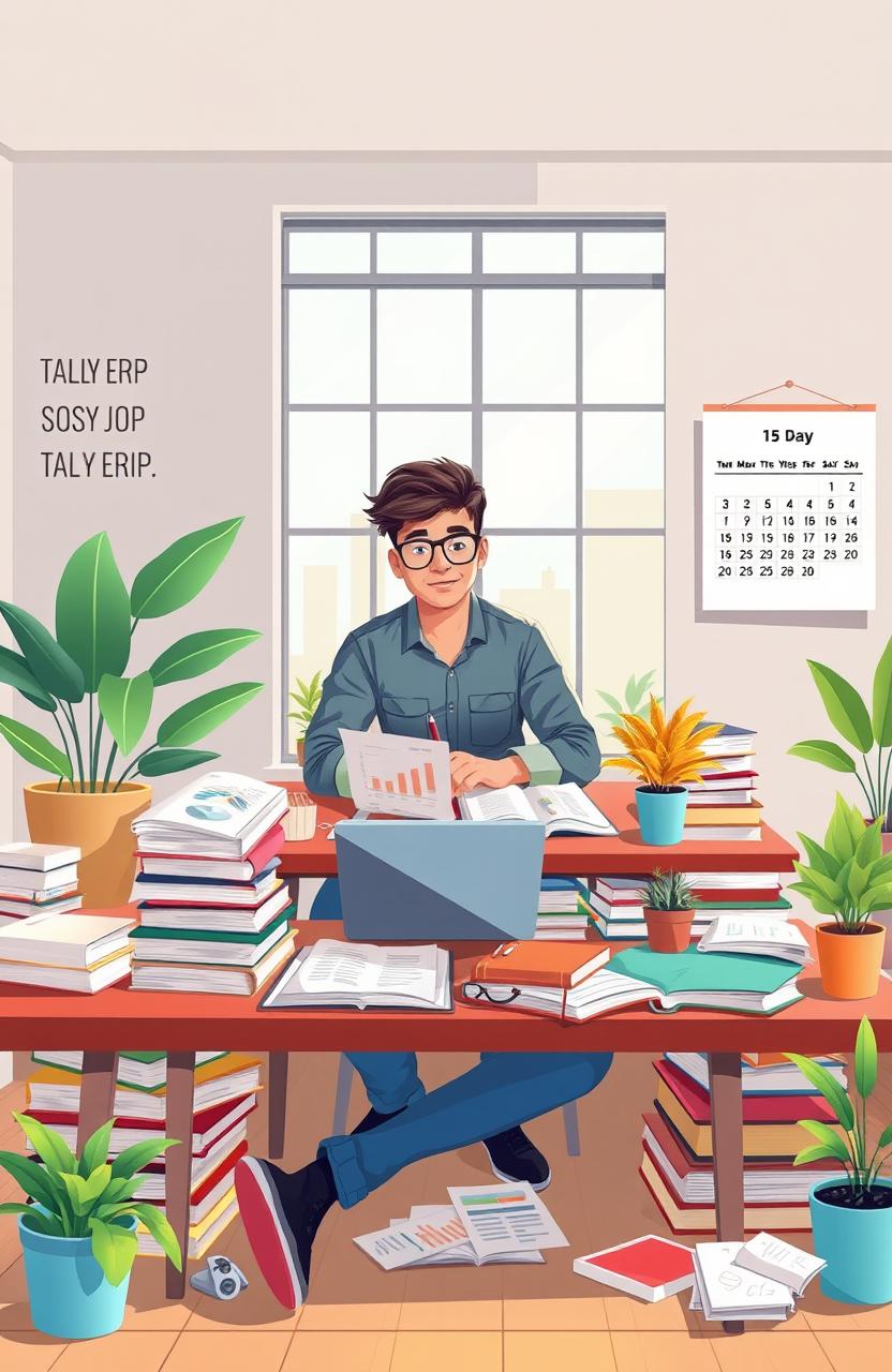 A visually engaging illustration of a person studying Tally ERP for 15 days, showcasing a diverse range of materials like textbooks, laptops, and notes scattered around them