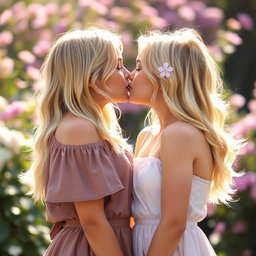 Two beautiful blonde girls kissing softly on the lips, showcasing a sense of tenderness and youth