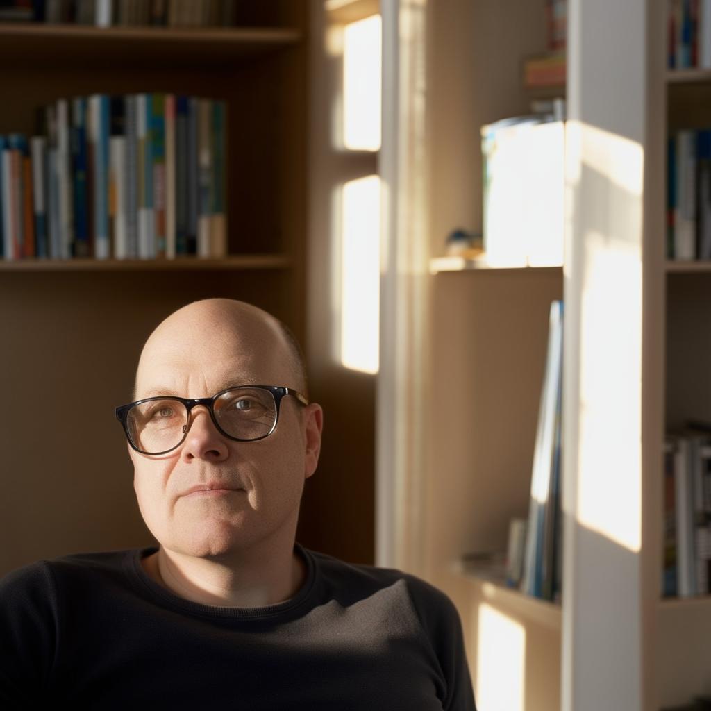 Portrait of a writer seated at a desk in a home office, with a softly blurred backdrop of bookshelves. Illuminated by soft sunlight and captured through a Hasselblad camera with an 85mm lens at F 1.2 aperture.