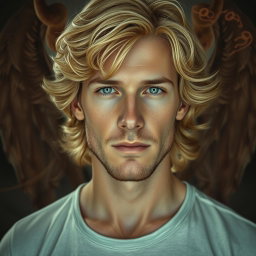 A tall, 43-year-old man with medium-length, wavy honey blonde hair and captivating sky blue eyes that possess a hypnotic allure