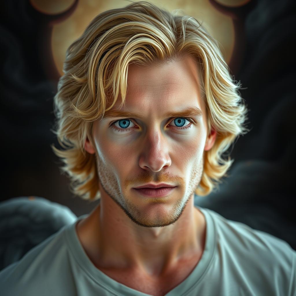 A tall, 43-year-old man with medium-length, wavy honey blonde hair and captivating sky blue eyes that possess a hypnotic allure
