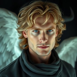 A tall, 43-year-old man with medium-length, wavy honey blonde hair and captivating sky blue eyes that possess a hypnotic allure