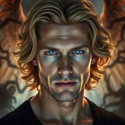 A tall, 43-year-old man with medium-length, wavy honey blonde hair and captivating sky blue eyes that possess a hypnotic allure