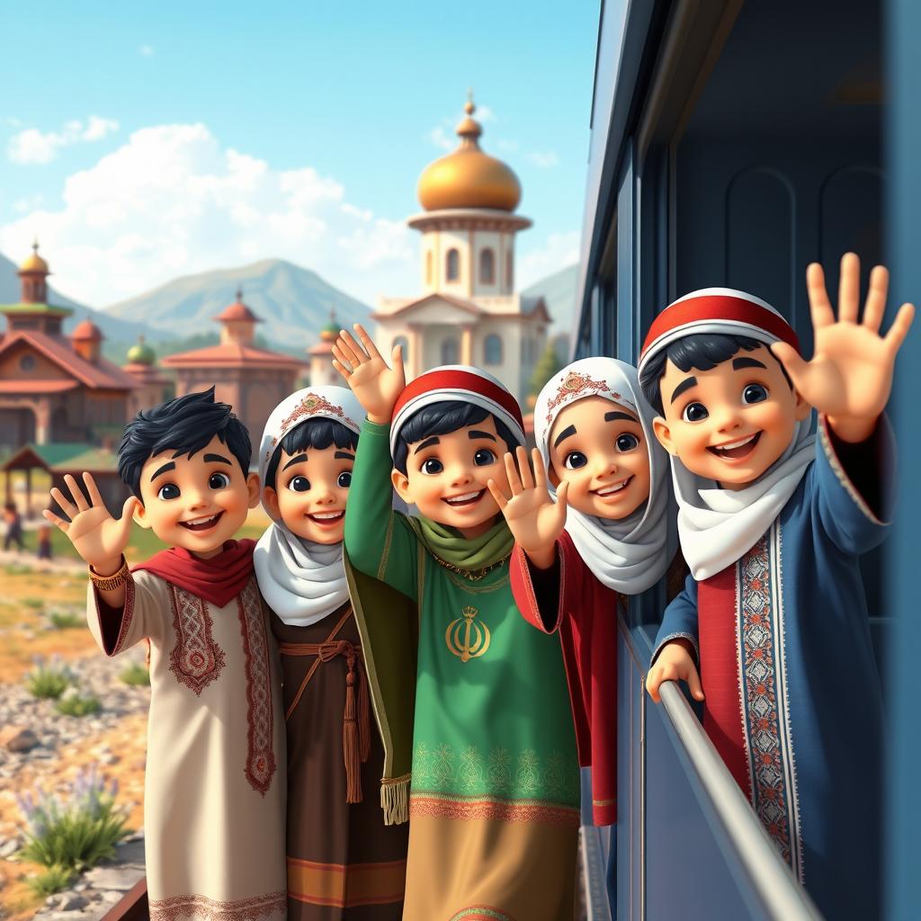 A lively three-dimensional scene featuring a few 5-year-old boys, each dressed in distinct Iranian ethnic costumes, waving joyfully from a train window