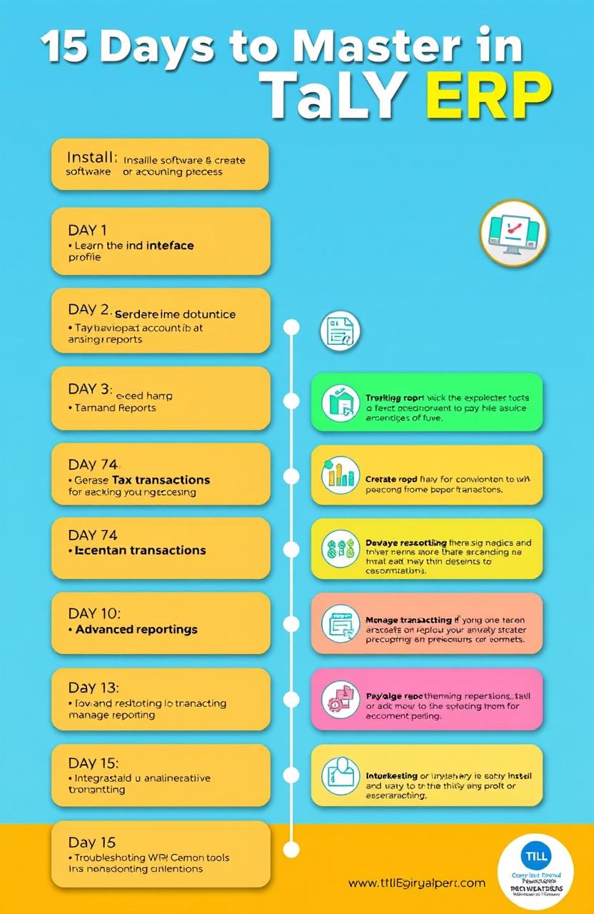 A bright, engaging graphic displaying a timeline of 15 days highlighting the journey to mastering Tally ERP