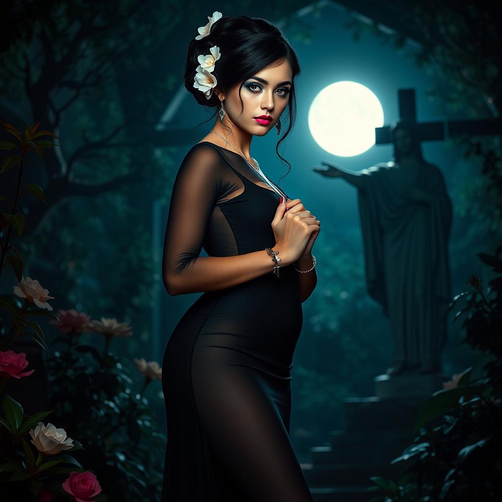 A full-length portrait of a beautiful, innocent 18-year-old BBW white woman with delicate flowers in her black hair styled in an elegant updo, showcasing a somber look on her face