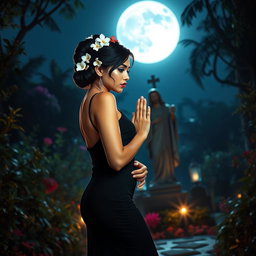 A full-length portrait of a beautiful, innocent 18-year-old BBW white woman with delicate flowers in her black hair styled in an elegant updo, showcasing a somber look on her face