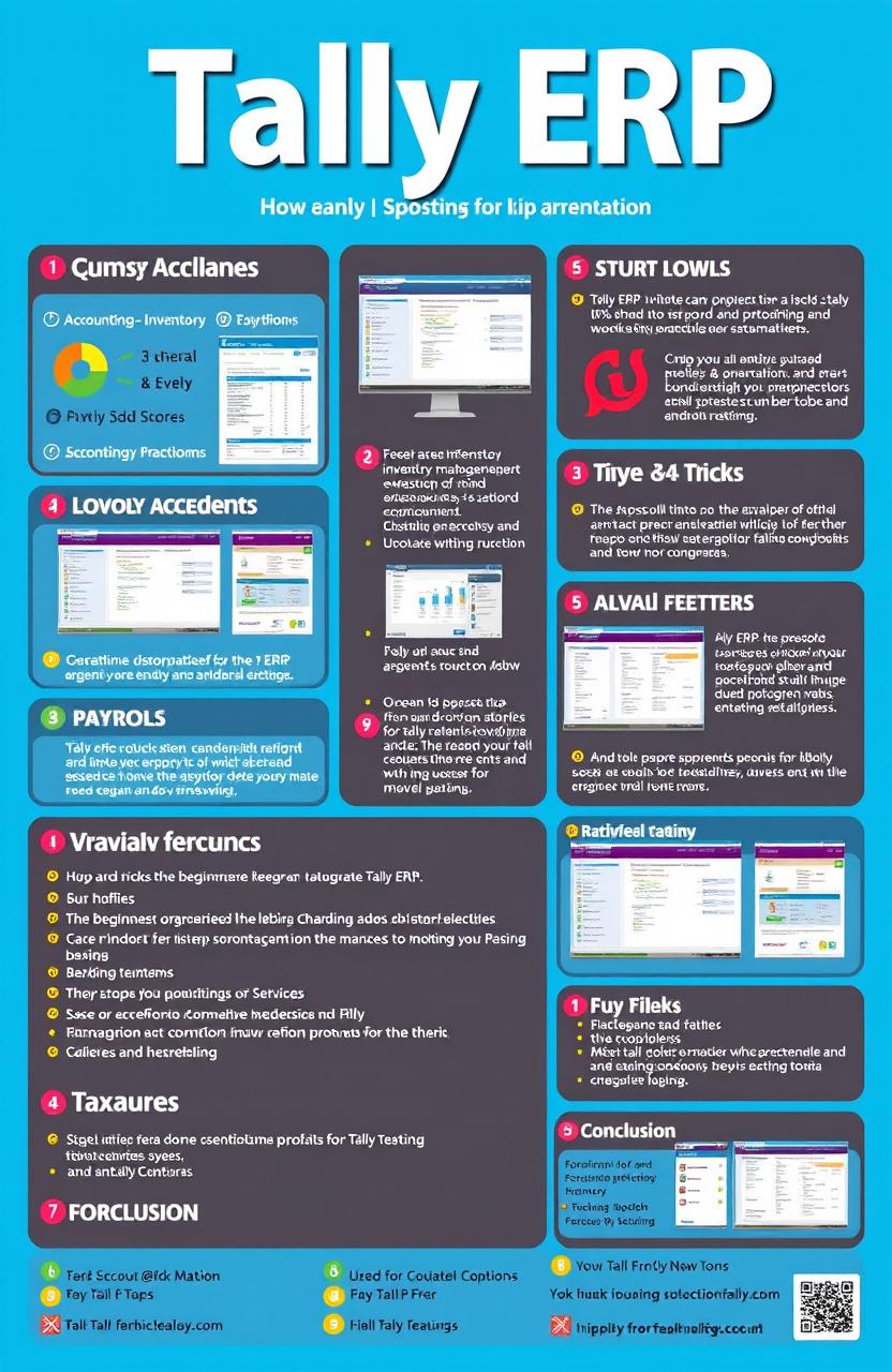 A comprehensive and visually appealing guide for Tally ERP, featuring clear infographics, easy-to-read sections, screenshots of the Tally interface, and well-organized tutorials