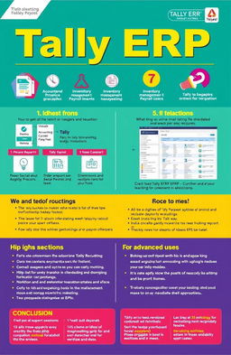 A comprehensive and visually appealing guide for Tally ERP, featuring clear infographics, easy-to-read sections, screenshots of the Tally interface, and well-organized tutorials