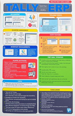 A comprehensive and visually appealing guide for Tally ERP, featuring clear infographics, easy-to-read sections, screenshots of the Tally interface, and well-organized tutorials