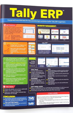 A comprehensive and visually appealing guide for Tally ERP, featuring clear infographics, easy-to-read sections, screenshots of the Tally interface, and well-organized tutorials
