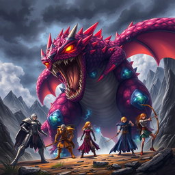 An epic scene of a gigantic anime monster roaring ferociously at a group of heroes, standing bravely in a dramatic landscape