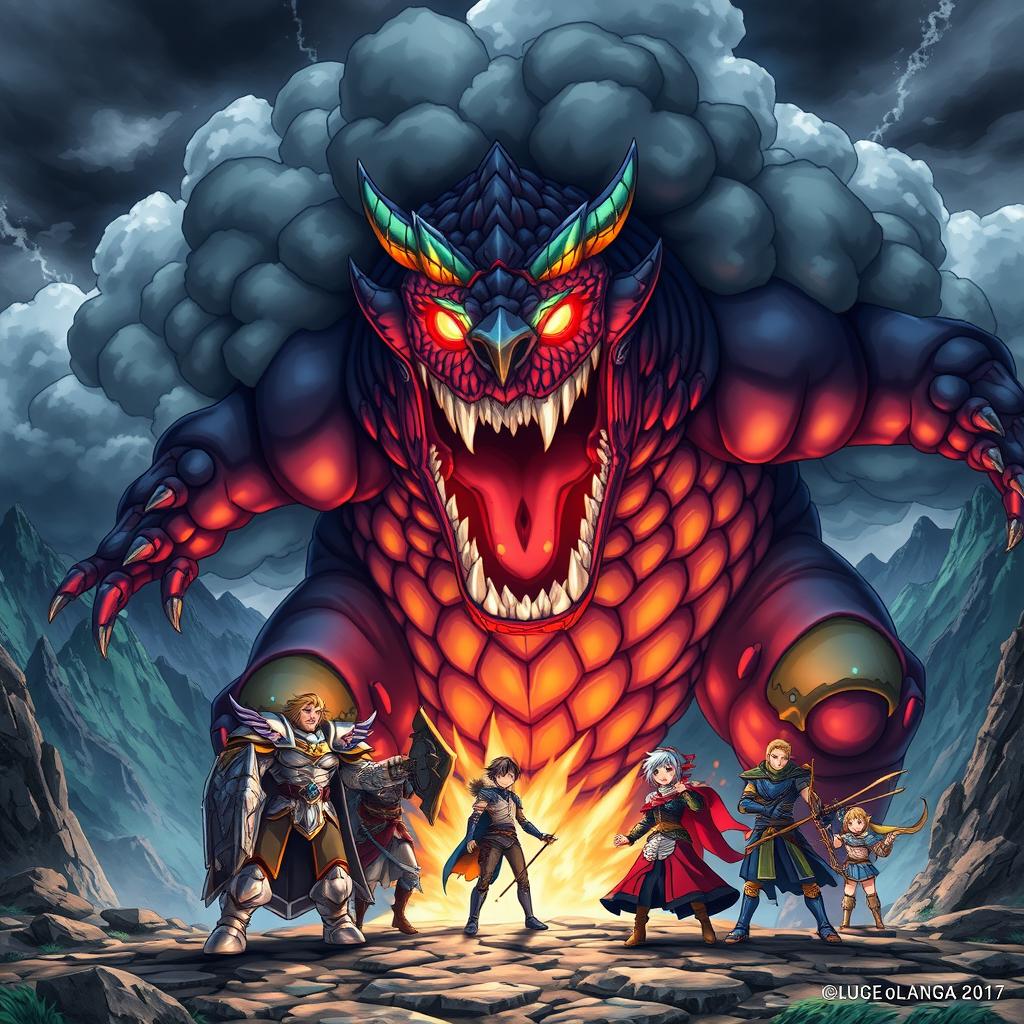 An epic scene of a gigantic anime monster roaring ferociously at a group of heroes, standing bravely in a dramatic landscape