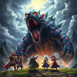 An epic scene of a gigantic anime monster roaring ferociously at a group of heroes, standing bravely in a dramatic landscape