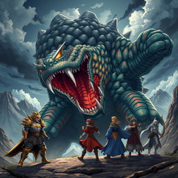An epic scene of a gigantic anime monster roaring ferociously at a group of heroes, standing bravely in a dramatic landscape