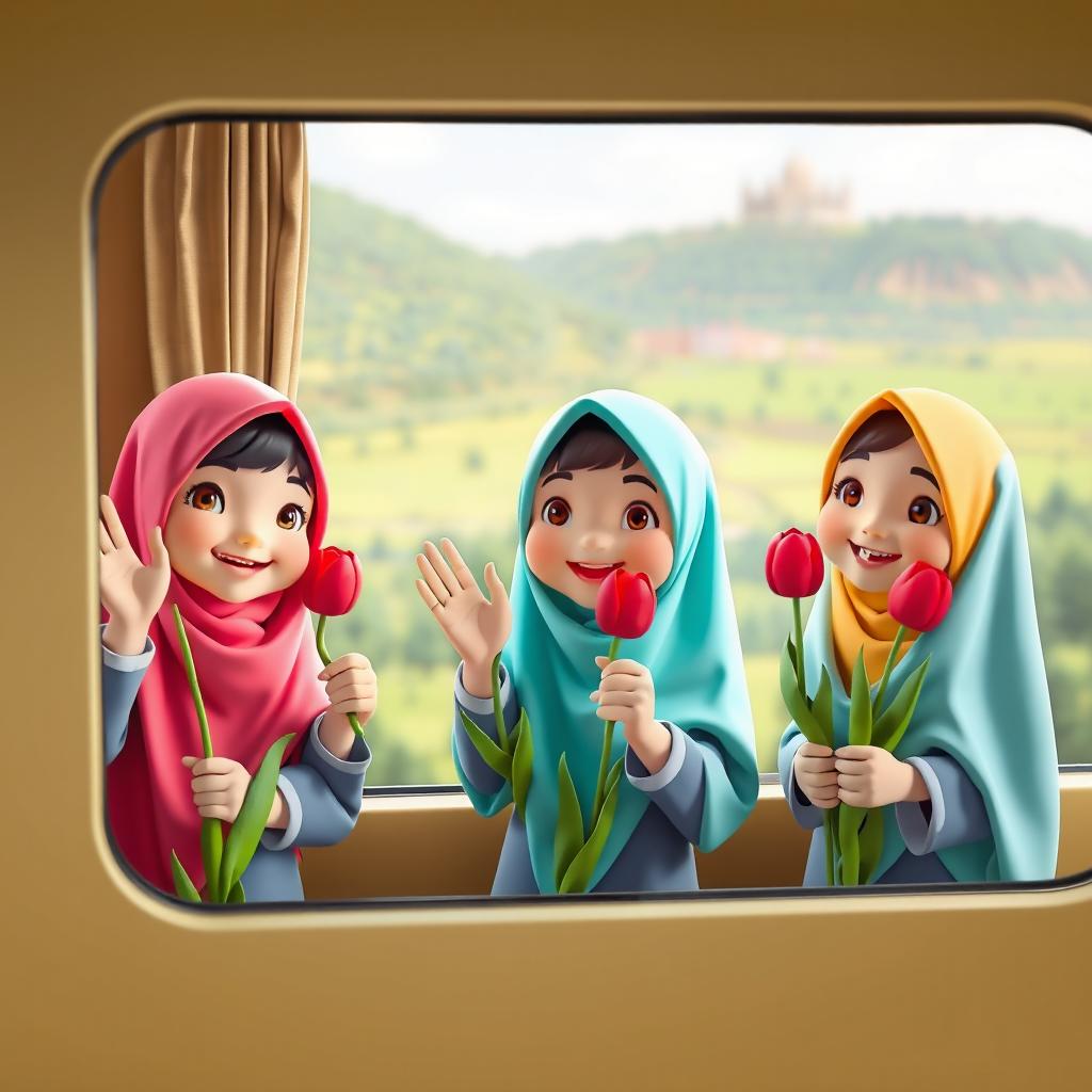 A charming three-dimensional scene featuring little 5-year-old girls wearing colorful Iranian hijabs, joyfully waving from a train window