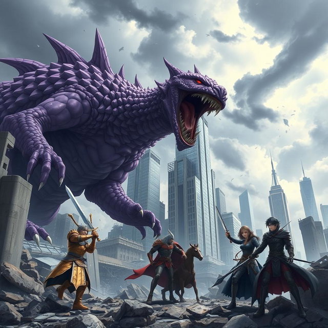 An intense scene of a massive purple anime monster roaring at a group of heroes in a devastated city