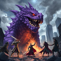 An intense scene of a massive purple anime monster roaring at a group of heroes in a devastated city