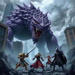 An intense scene of a massive purple anime monster roaring at a group of heroes in a devastated city