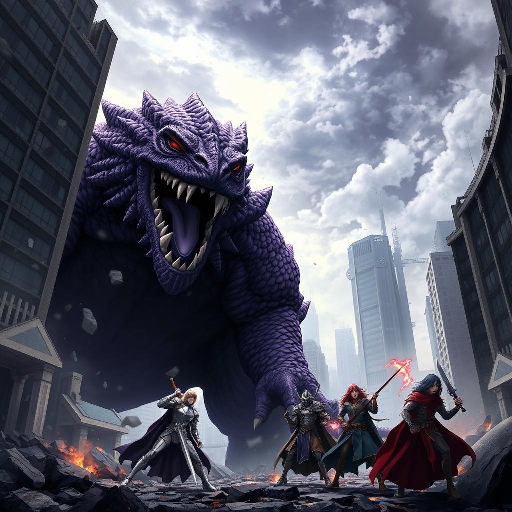 An intense scene of a massive purple anime monster roaring at a group of heroes in a devastated city