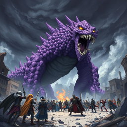An exhilarating scene of a colossal purple anime monster roaring menacingly at a large group of heroes in a ruined city