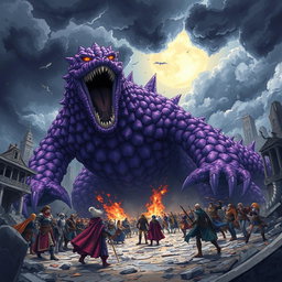 An exhilarating scene of a colossal purple anime monster roaring menacingly at a large group of heroes in a ruined city