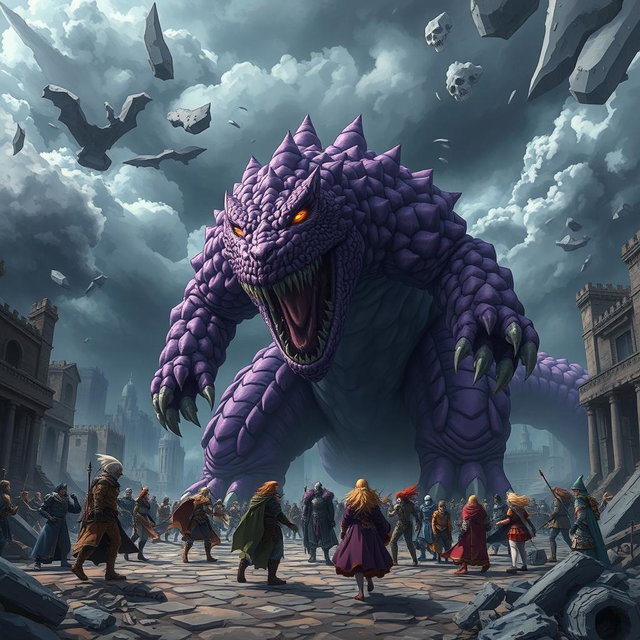 An exhilarating scene of a colossal purple anime monster roaring menacingly at a large group of heroes in a ruined city