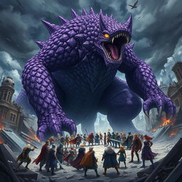 An exhilarating scene of a colossal purple anime monster roaring menacingly at a large group of heroes in a ruined city