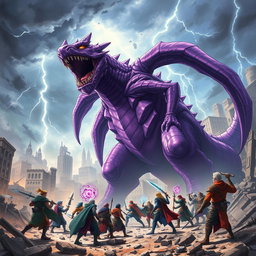 An action-packed scene featuring a massive purple anime monster with multiple long, flowing tails, roaring at a large group of heroes in a devastated city