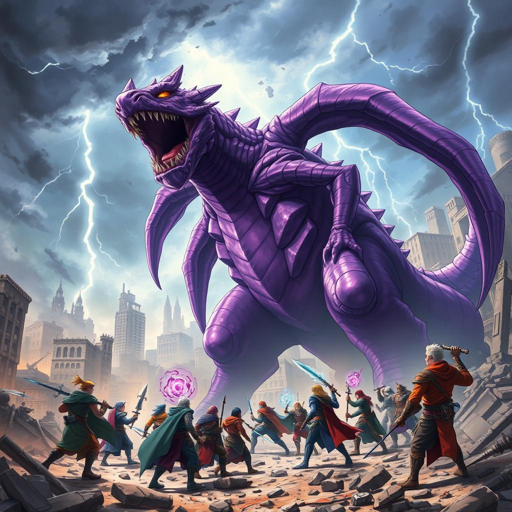 An action-packed scene featuring a massive purple anime monster with multiple long, flowing tails, roaring at a large group of heroes in a devastated city