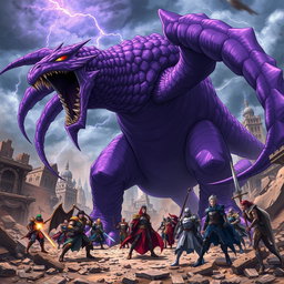 An action-packed scene featuring a massive purple anime monster with multiple long, flowing tails, roaring at a large group of heroes in a devastated city