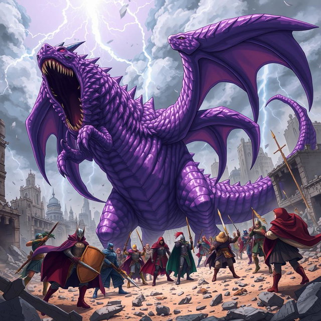 An action-packed scene featuring a massive purple anime monster with multiple long, flowing tails, roaring at a large group of heroes in a devastated city