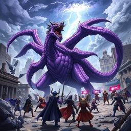 An action-packed scene featuring a massive purple anime monster with multiple long, flowing tails, roaring at a large group of heroes in a devastated city