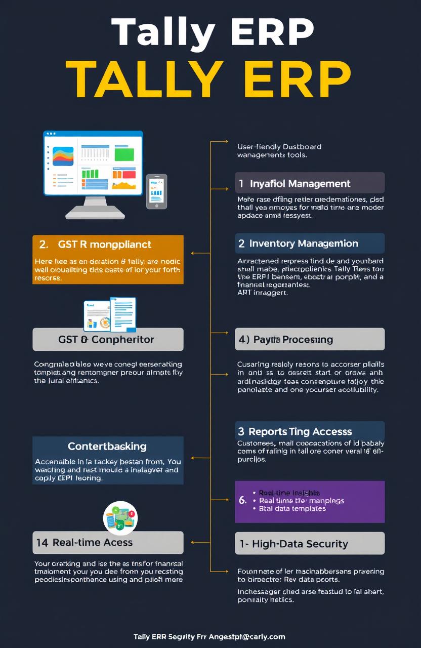 An infographic showcasing the features of Tally ERP, including: a user-friendly dashboard, comprehensive financial management tools, inventory management, GST compliance, payroll processing, sales and purchase management, reporting insights, customizable templates, real-time updates, multi-user access, and high data security measures