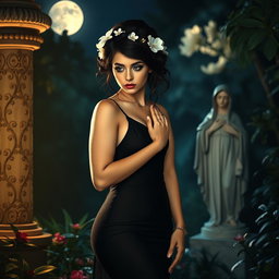 A full-length portrait of a beautiful, innocent 18-year-old BBW white woman adorned with delicate flowers in her black hair, styled in an elegant updo