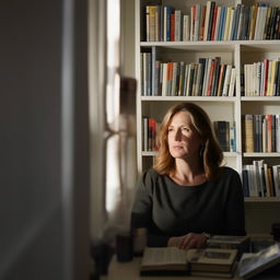 Portrait of a writer seated at a desk in a home office, with a softly blurred backdrop of bookshelves. Illuminated by soft sunlight and captured through a Hasselblad camera with an 85mm lens at F 1.2 aperture.