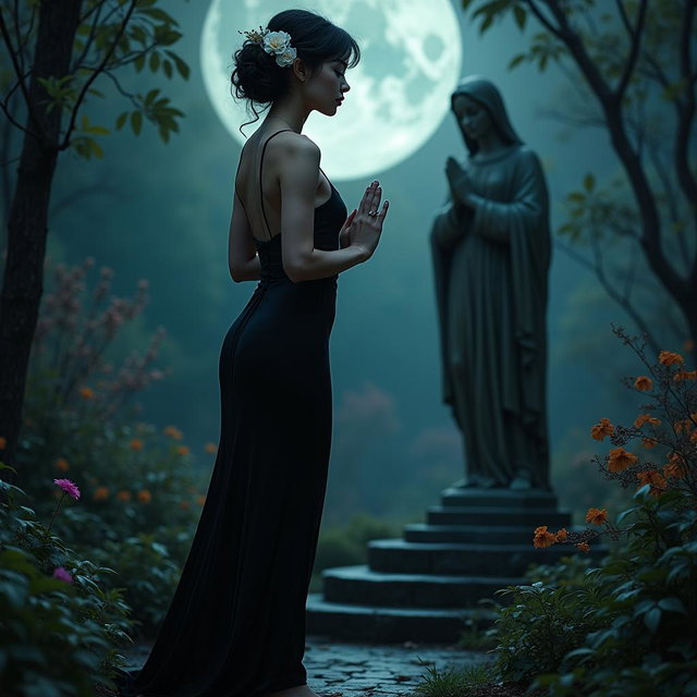 A full-length portrait of a beautiful, innocent 18-year-old BBW white woman featuring delicate flowers in her black hair styled in an elegant updo, displaying a somber look on her face