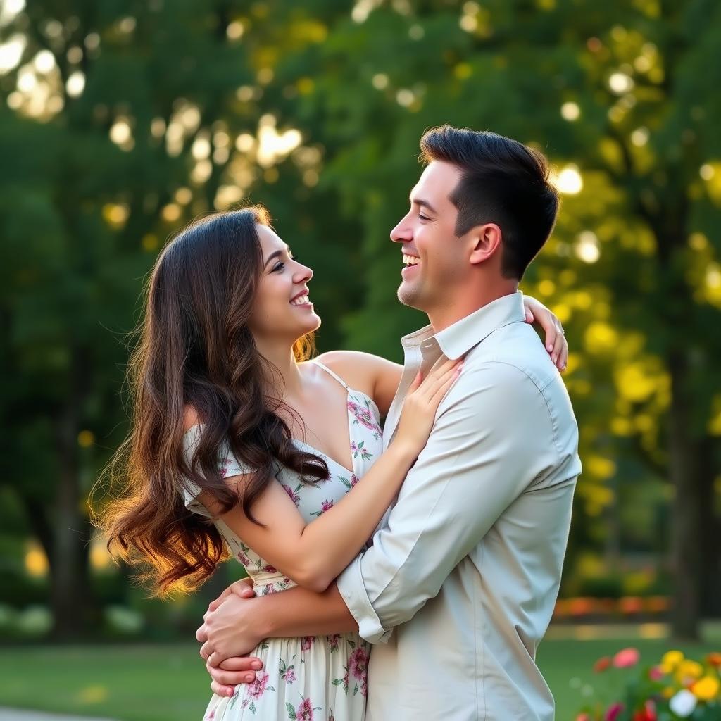 A joyful couple embracing each other in a serene park setting during golden hour, surrounded by lush green trees and soft sunlight filtering through the leaves