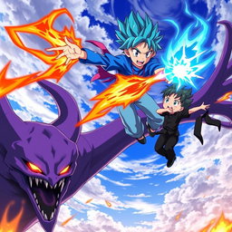 An anime scene featuring a boy with striking blue hair, wearing a vibrant blue shirt and light blue pants, soaring through the air using fire powers alongside a little boy in a sleek black shirt and dark pants