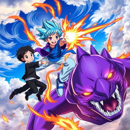 An anime scene featuring a boy with striking blue hair, wearing a vibrant blue shirt and light blue pants, soaring through the air using fire powers alongside a little boy in a sleek black shirt and dark pants