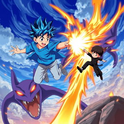 An anime scene featuring a boy with striking blue hair, wearing a vibrant blue shirt and light blue pants, soaring through the air using fire powers alongside a little boy in a sleek black shirt and dark pants