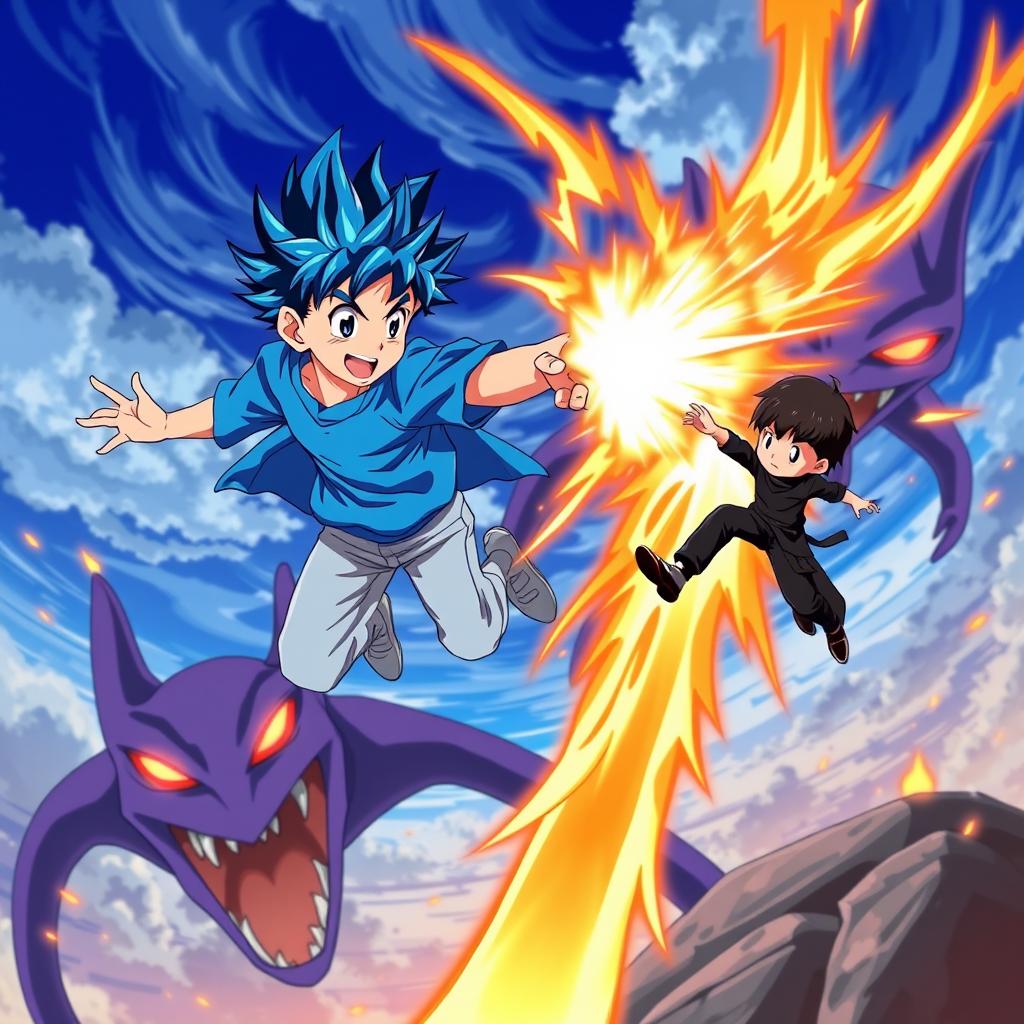 An anime scene featuring a boy with striking blue hair, wearing a vibrant blue shirt and light blue pants, soaring through the air using fire powers alongside a little boy in a sleek black shirt and dark pants